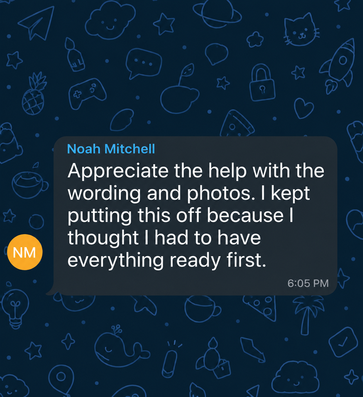 Feedback message from Noah Mitchell