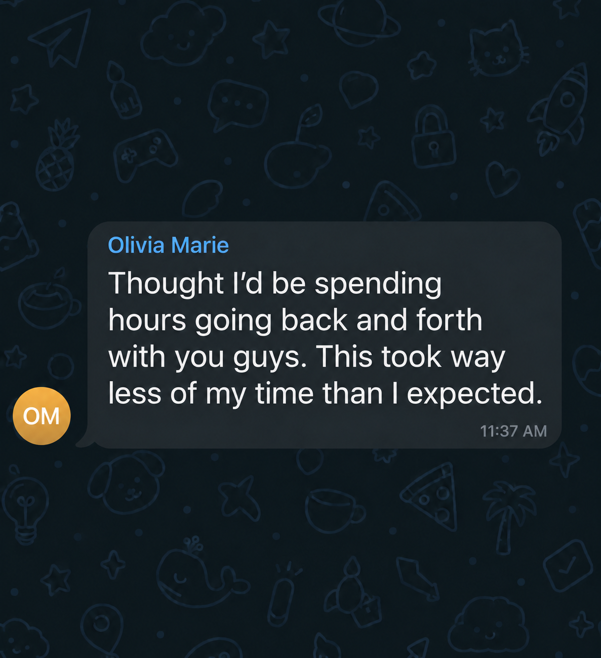 Feedback message from Olivia Marie